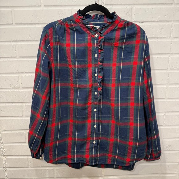 Trovata Birds of Paradis Tartan Plaid Michelle Button Down Shirt Ruffle Lrg Xmas - Picture 7 of 14